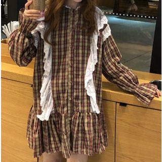 Ruffled Hem Lace Trim Plaid Dress Check - One Size
