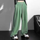 High-waist Drawstring Plain Wide-leg Cuff Pants
