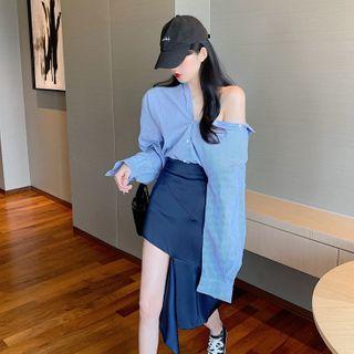 Plain Long-sleeve Loose-fit Shirt / Irregular Skirt