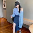 Plain Long-sleeve Loose-fit Shirt / Irregular Skirt