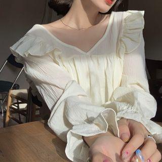 Long-sleeve V-neck Frill Trim Blouse Beige - One Size