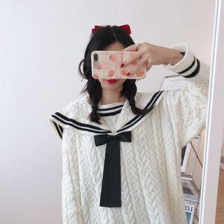 Sailor Collar Bow Cable Knit Sweater White - One Size
