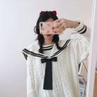 Sailor Collar Bow Cable Knit Sweater White - One Size