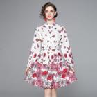 Belted Butterfly Floral Print A-line Shirtdress