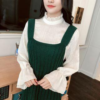 Long-sleeve Chiffon Top/ Knit Midi Pinafore Dress