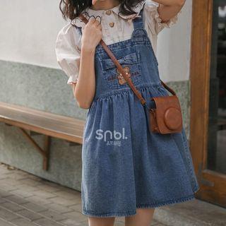 Short-sleeve Bear Embroidered Shirt / Denim Mini Overall Dress