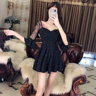 Lace Panel Elbow-sleeve Mini A-line Dress