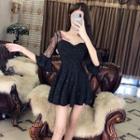 Lace Panel Elbow-sleeve Mini A-line Dress