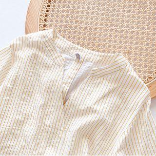 Elbow-sleeve V-neck Striped Blouse Stripes - Yellow - One Size