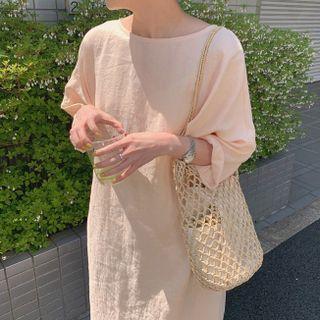 3/4-sleeve Drawstring Midi Shift Dress Orange Pink - One Size