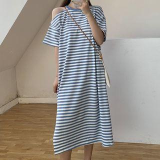 Striped Cold-shoulder Midi T-shirt Dress