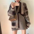 Turtleneck Knit Top / Plaid Cardigan / Mini A-line Skirt