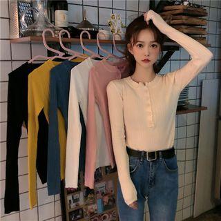 Frilled Trim Rib Knit Henley Top