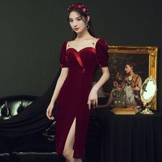 Short-sleeve Square-neck Velvet Evening Dress