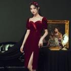 Short-sleeve Square-neck Velvet Evening Dress