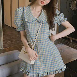 Puff-sleeve Collared Plaid Mini A-line Dress