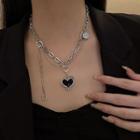 Rhinestone Heart Necklace X859 - 1pc - Silver & Black - One Size