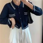 Striped Collared Cropped Cardigan Navy Blue - One Size
