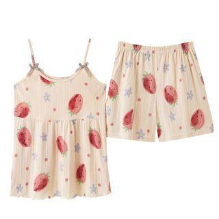 Loungewear Set : Strawberry Print Suspender Top & Shorts