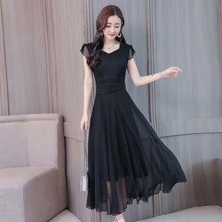 Plain Cap-sleeve A-line Midi Dress
