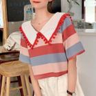Collared Striped Elbow-sleeve T-shirt
