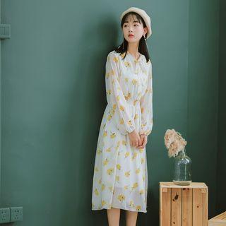 Long-sleeve Flower Print Tie-neck Chiffon Dress