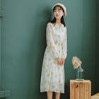 Long-sleeve Flower Print Tie-neck Chiffon Dress