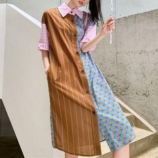 Short-sleeve Floral Striped Panel Shirt Dress