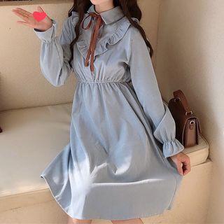 Bell-sleeve Collared Ruffled A-line Dress
