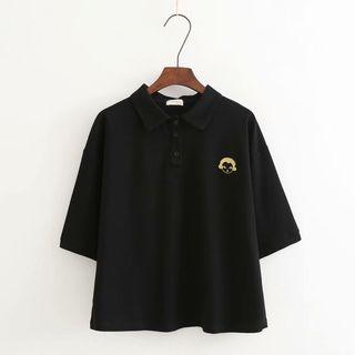 Elbow-sleeve Embroidered Polo Shirt Black - One Size