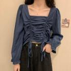 Long-sleeve Ruched Square-neck Crop Top