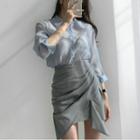 Plain Long-sleeve Blouse / Irregular Shirred Mini Straight-fit Skirt