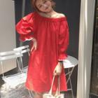 Off-shoulder Loose-fit Bow-accent A-line Dress