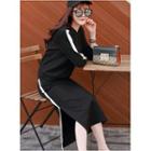 Set: Striped 3/4 Sleeve Half-zip Top + Side-slit Midi Skirt