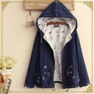 Cat Embroidered Hooded Jacket