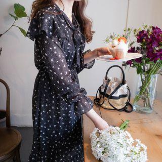 Tie-neck Floral Print Chiffon Dress Black - One Size