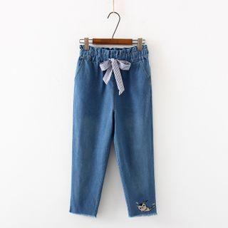 Cat Embroidered Bow Straight-cut Cropped Jeans