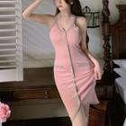 Halter-neck Contrast Trim Knit Dress Pink - One Size