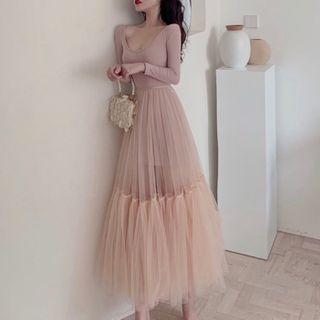 Long-sleeve Top / Mesh Maxi A-line Skirt