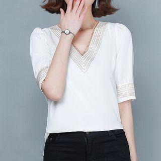 Short-sleeve V-neck Embroidered Trim Blouse