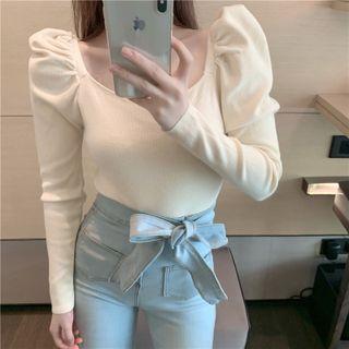 Puff Sleeve U-neck Plain Knit Top