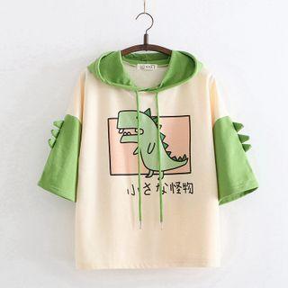 Short-sleeve Printed Hoodie Green - One Size
