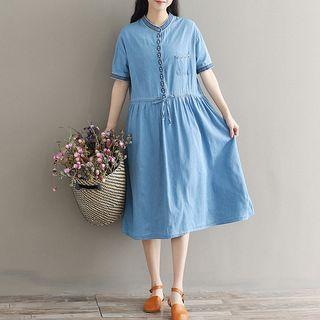 Embroidered Denim Short-sleeve A-line Midi Dress