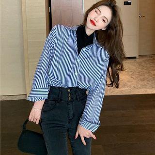Mock Two-piece Turtleneck Striped Shirt Stripes - Blue & White - One Size