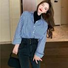 Mock Two-piece Turtleneck Striped Shirt Stripes - Blue & White - One Size