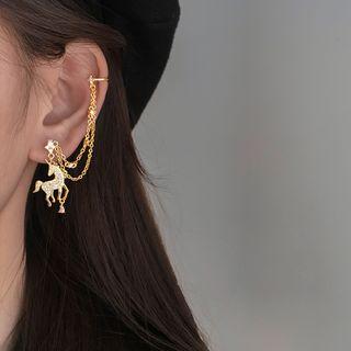 Non-matching Rhinestone Unicorn Chained Earring 1 Pc - As Shown In Figure - One Size