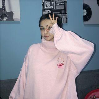 Turtleneck Embroidered Sweater Pink - One Size