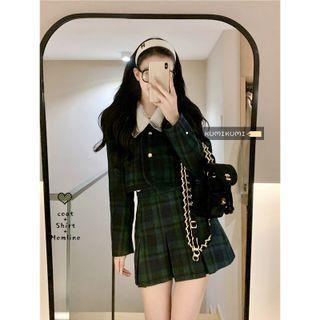 Collared Blouse / Plaid Single-breasted Jacket / Mini A-line Skirt