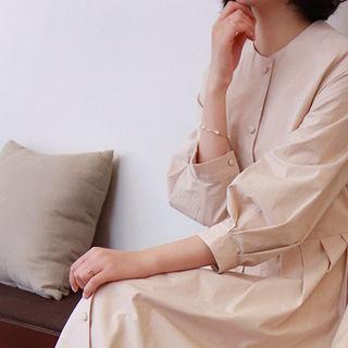 Tie-waist Pleated-hem Shirtdress Beige - One Size