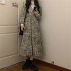 Long-sleeve Leopard Print Midi A-line Dress Leopard - Black & White - One Size